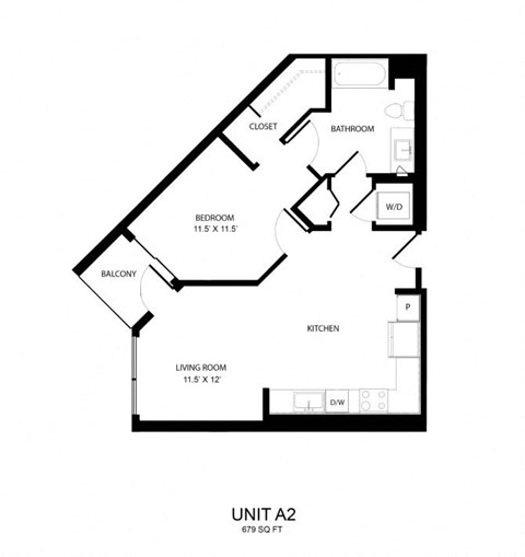 Floor plan for 1 bed, 1 bath, 679 sqft